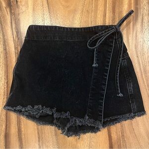 Free People Black Wrap Denim Skort with Frayed Hem